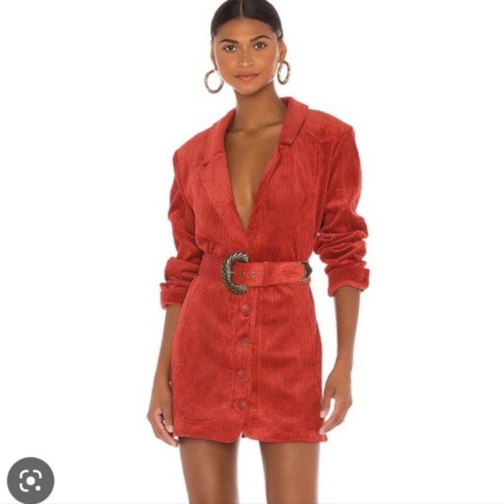For Love & Lemons Corduroy Dress Carson Medium Belted Long Sleeve Mini Red Short
